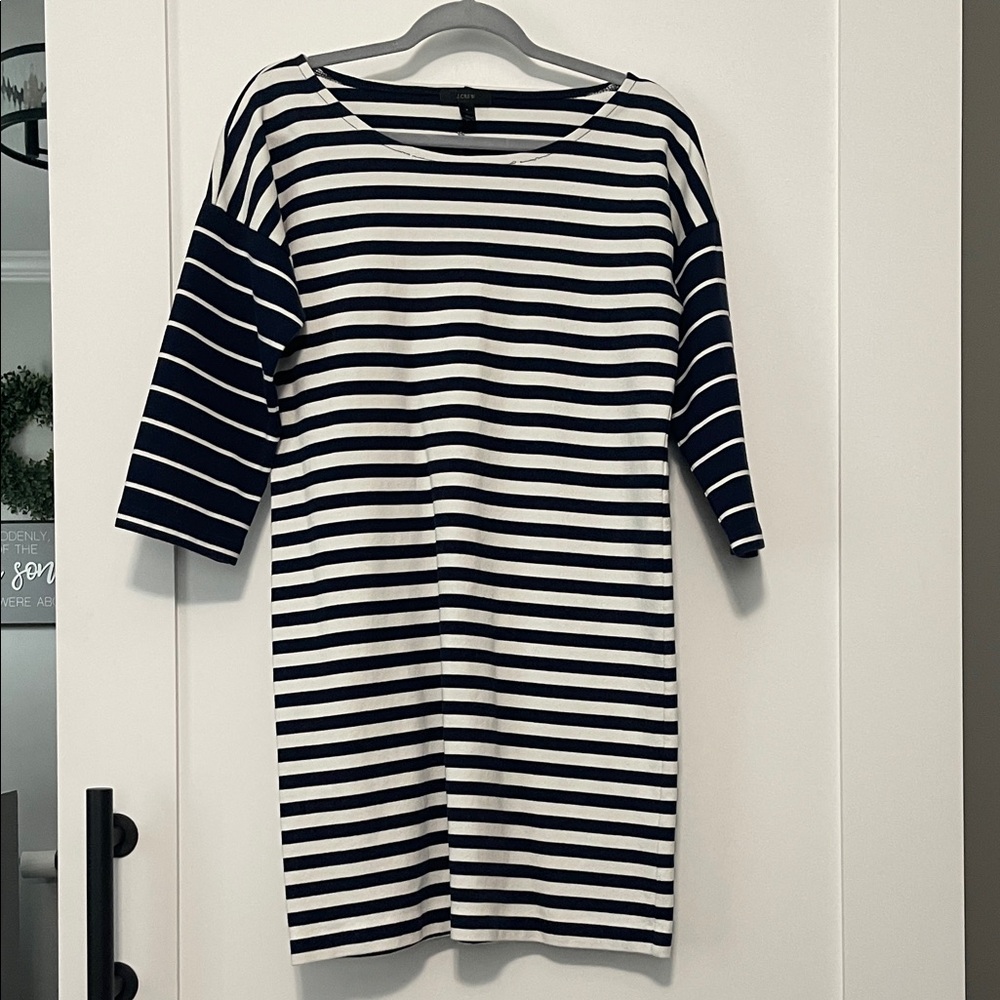 J. Crew Navy and White Striped Long Sleeve Dress